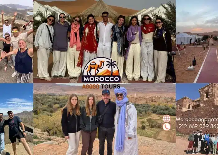 Fes to Marrakech Desert Tour 2 Days—Camel trekking in the Sahara Desert, luxury desert camp, and scenic views of the High Atlas Mountains.