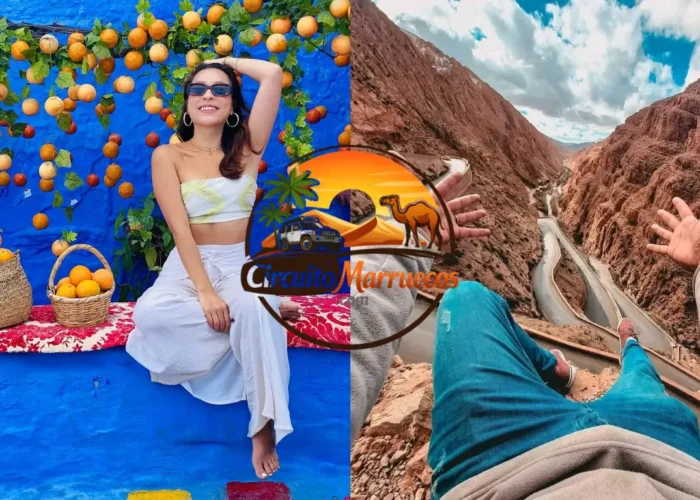 Calles azules de Chefchaouen y carretera serpenteante del Valle del Dades durante un Circuito Marruecos 10 días desde Marrakech hasta Tánger.