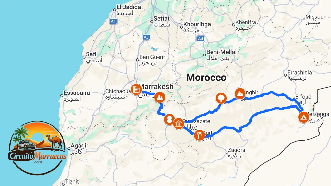 Mapa Marrakech y Desierto 6 Días – Ruta a Merzouga Mapa del tour Marrakech y desierto 6 días por Ait Ben Haddou, Dades, Todra y Merzouga, con regreso a Marrakech.