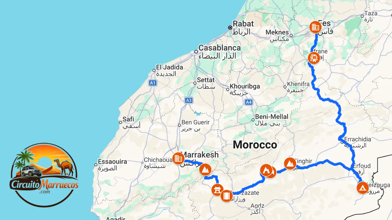 Mapa de la Excursión desde Fez a Marrakech en 2 Días Mapa del recorrido de la excursión desde Fez a Marrakech en 2 días, pasando por Ifrane, el Bosque de Cedros, el Valle del Ziz, Merzouga, las Gargantas del Todra, Ait Ben Haddou y las montañas del Alto Atlas hasta Marrakech.
