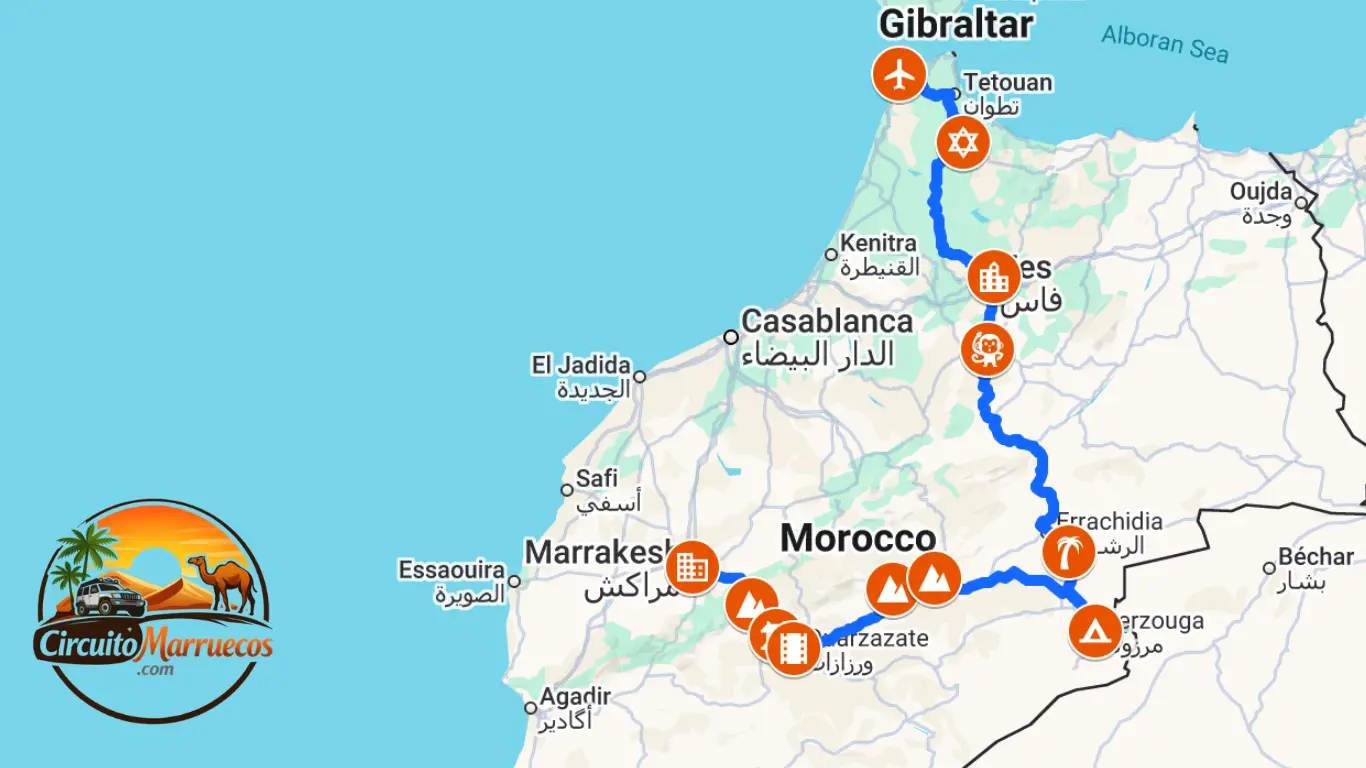 Mapa del Circuito Marruecos 10 Días desde Marrakech hasta Tánger Mapa del Circuito Marruecos 10 días desde Marrakech hasta Tánger, pasando por Essaouira, Ait Ben Haddou, Merzouga, Fez, Volubilis y Chefchaouen.