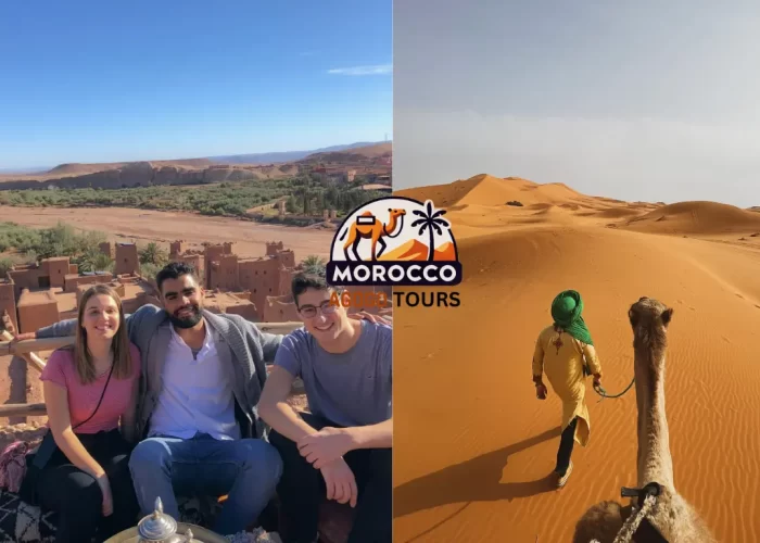 4 Days Tour from Fes to Marrakech – Camel caravan in Erg Chebbi dunes at sunset during Morocco desert Itinerary.