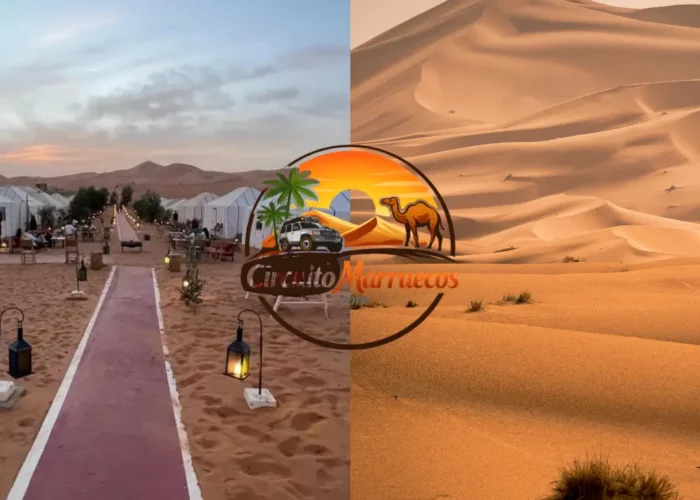 Campamento de lujo rodeado por las dunas del desierto de Merzouga en el Sahara marroquí durante una excursión desierto Merzouga 2 días desde Fez.