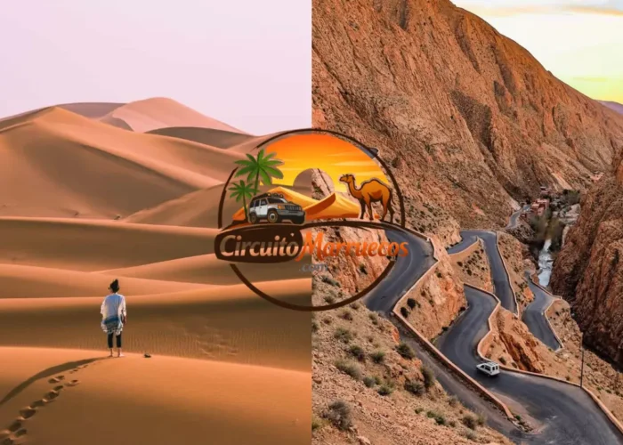 Vista panorámica del desierto del Sahara en Merzouga y del Valle del Dades durante una excursión al desierto desde Marrakech en 3 días hasta Fez.