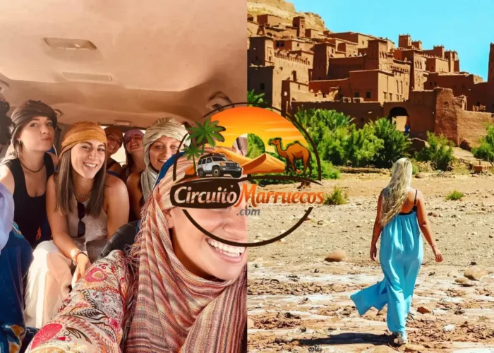 Conductor guía de Circuito Marruecos con viajeros frente a la Kasbah de Ait Ben Haddou durante una excursión al desierto desde Marrakech en 3 días hasta Fez.