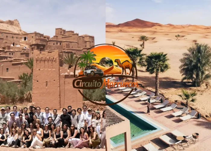 Vista de la Kasbah de Ait Ben Haddou y las dunas del desierto del Sahara durante un tour Marruecos 4 días desde Fez a Marrakech.