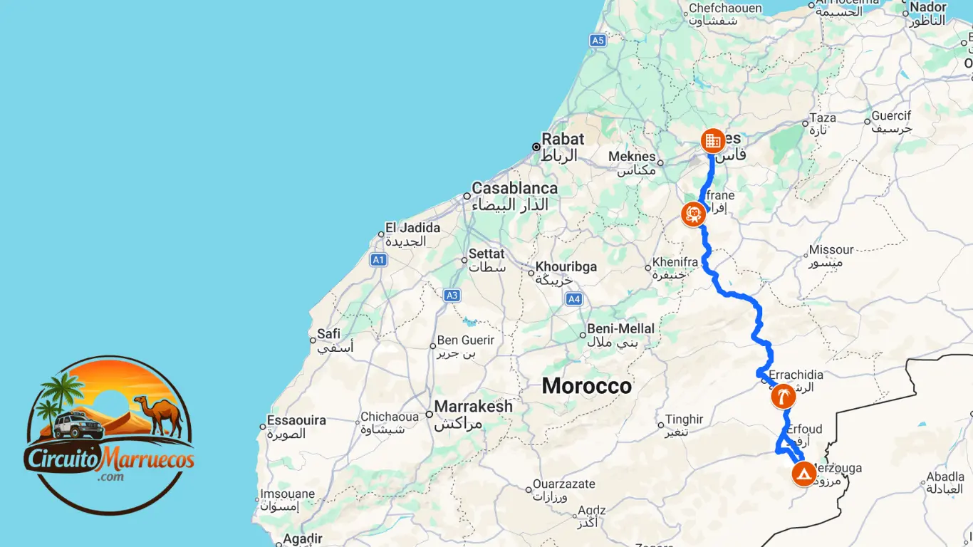 Mapa de la Excursión Desierto Merzouga 2 Días desde Fez Mapa del recorrido de la excursión desierto Merzouga 2 días desde Fez, pasando por Ifrane, el Bosque de Cedros, el Valle del Ziz, Erfoud, Rissani y las dunas de Erg Chebbi en Merzouga.