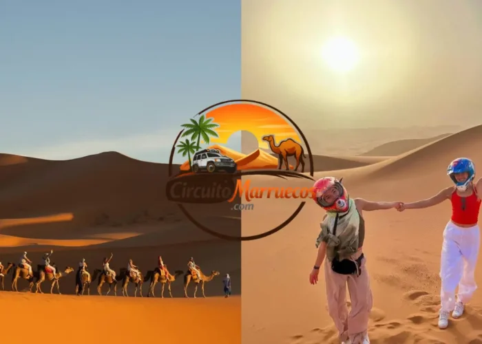 Viajeros disfrutando de un paseo en dromedario por las dunas de Erg Chebbi y de una ruta en quad con casco de seguridad durante una excursión desierto Merzouga 2 días desde Fez.