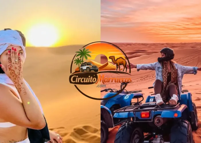 Viajeros disfrutando de una ruta en quad por las dunas de Erg Chebbi al atardecer durante una excursión al desierto desde Fez en 3 días, con espectaculares vistas del Sahara marroquí.
