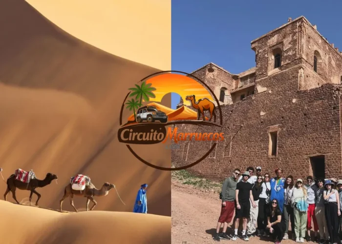 Vista de la Kasbah de Ait Ben Haddou y las dunas del desierto de Merzouga durante un tour de Marruecos 4 días 3 noches desde Fez.