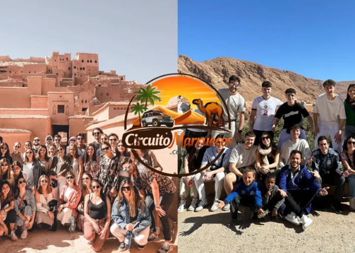 3 dias desde Marrakech a Merzouga con grupo de viajeros explorando la kasbah de Ait Ben Haddou y las Gargantas del Todra en un tour por el desierto de Marruecos.