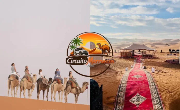 Caravana de camellos cruzando las dunas del Sahara en Marruecos con campamento de lujo al atardecer durante el viaje Marruecos 7 dias
