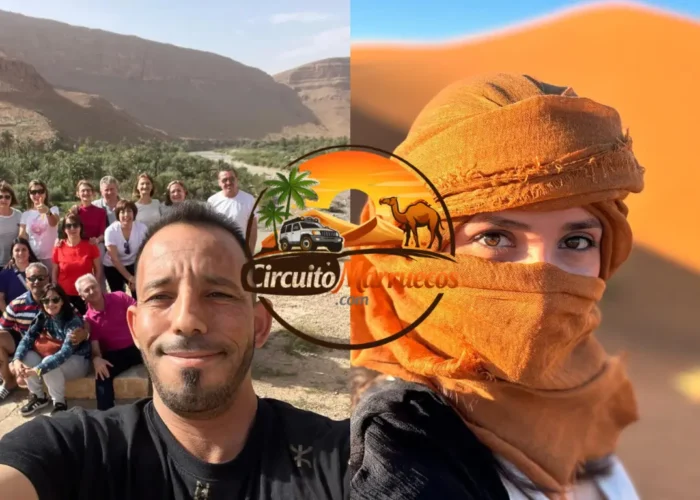 Guía local acompañado de viajeros disfrutando de las vistas del Valle del Ziz y del desierto del Sahara durante un recorrido de 6 dias en Marruecos.