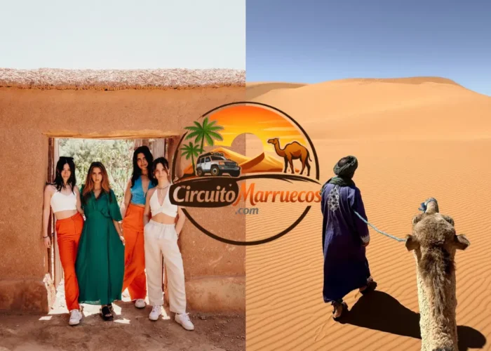 Viajeras en la Kasbah de Ait Ben Haddou y excursión en camello por las dunas del desierto del Sahara durante un viaje de Marruecos en 6 días