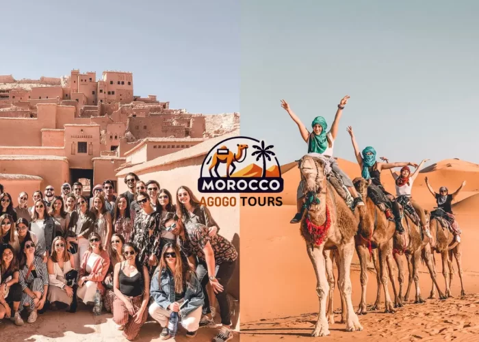 Camel caravan at sunset in Erg Chebbi dunes during shared 3 days Marrakech desert tour