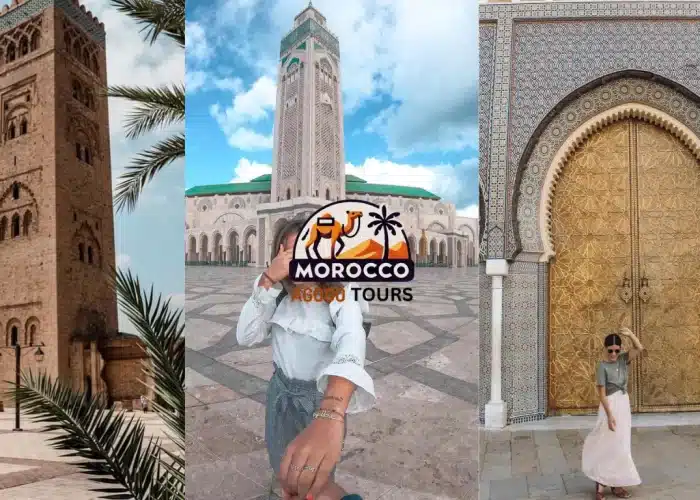 Explore 6-day Morocco Itinerary featuring the blue streets of Chefchaouen, the grand Hassan II Mosque in Casablanca, and the ornate Royal Palace door.