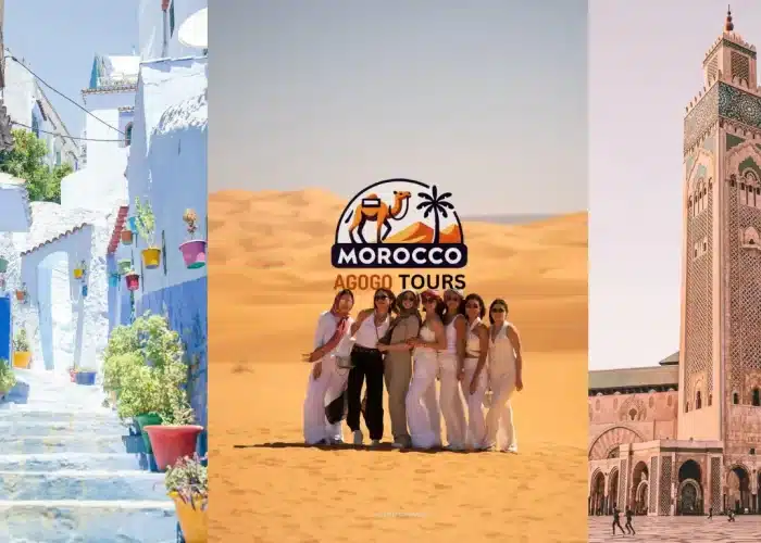 Explore Morocco in 8 Days tour from Casablanca: This image features the majestic Hassan II Mosque in Casablanca, the vibrant streets of Chefchaouen, and the endless Sahara Desert.