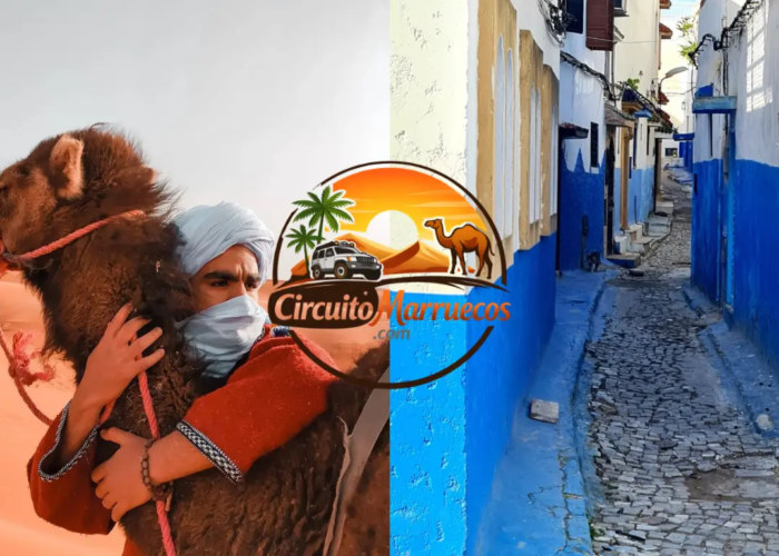 Turistas explorando Chefchaouen y disfrutando de las dunas del desierto de Merzouga en un tour de Marruecos de 8 días por Marruecos.
