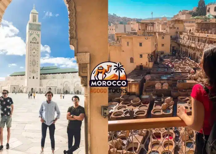 Morocco 9 Days Tour from Casablanca: This image highlights the majestic Hassan II Mosque in Casablanca and the traditional tanneries of Fes, showcasing Morocco’s spiritual and artisanal heritage.