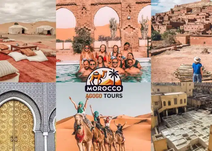 Discover Morocco Itinerary 5 Days: This image showcases the blue streets of Chefchaouen, the ancient Ait Ben Haddou, Fes, and the golden Sahara Desert.