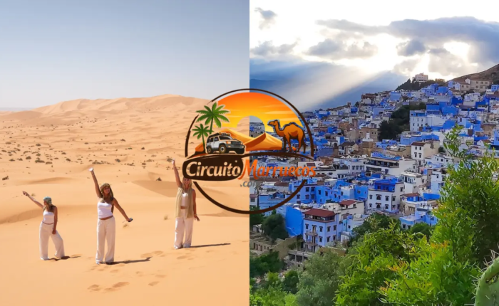 Turistas explorando las calles azules de Chefchaouen y las dunas doradas del desierto del Sahara durante un viaje Marruecos 5 días desde Casablanca
