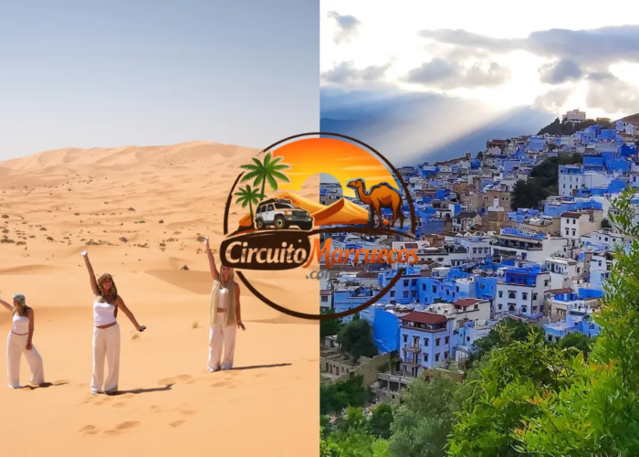 Turistas explorando las calles azules de Chefchaouen y las dunas doradas del desierto del Sahara durante un viaje Marruecos 5 días desde Casablanca