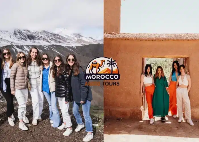 Breathtaking view of the High Atlas Mountains and the historic Ait Ben Haddou Kasbah, capturing a cultural highlight of the 10 days tour from Casablanca.