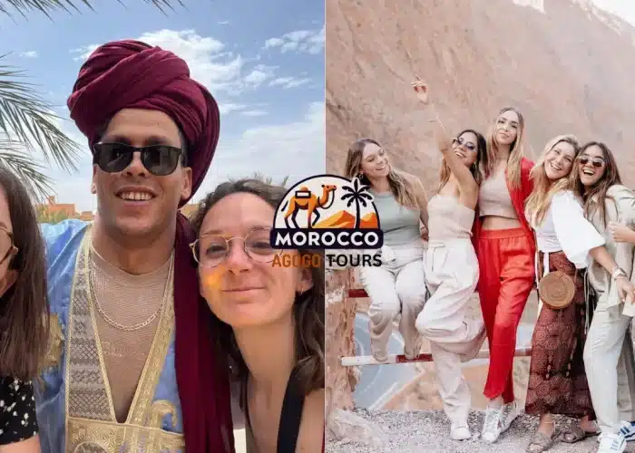 A memorable moment from the 5 Days Tour from Tangier to Marrakesh featuring the iconic Snake Road in Boumalne Dades and Mustapha, a local tour guide, sharing the experience with two travelers amidst Morocco’s dramatic landscapes.