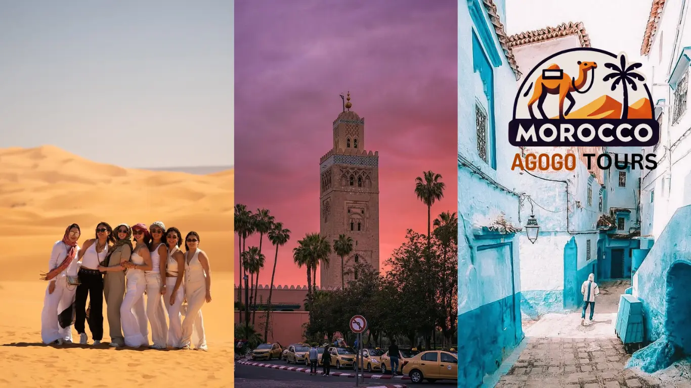 Top 8 Best Cities to Visit in Morocco for Travelers 4 Desert dunes, blue streets of Chefchaouen, and snow-capped High Atlas Mountains — stunning cities to visit in Morocco in one view