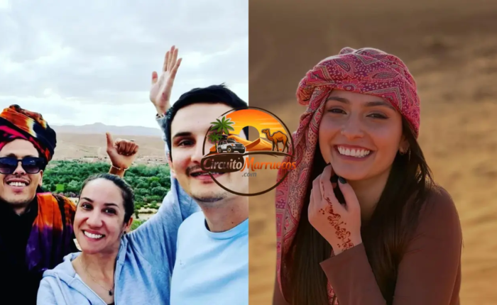 Guía Mustapha con viajeros satisfechos en el desierto de Merzouga – experiencia inolvidable en un circuito Marruecos 7 días por el Sahara.