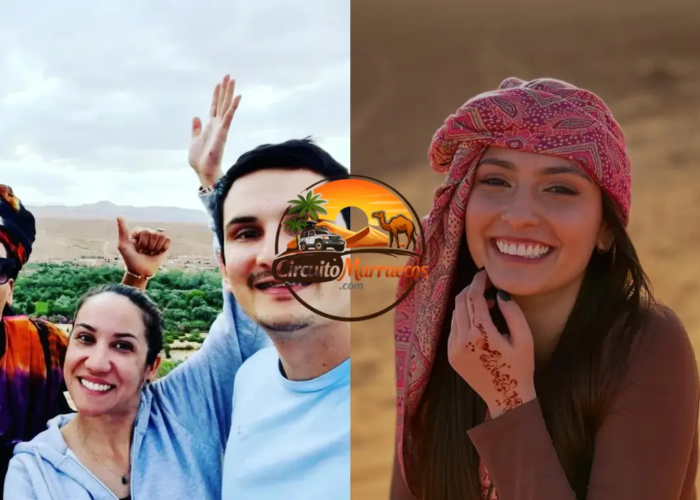 Guía Mustapha con viajeros satisfechos en el desierto de Merzouga – experiencia inolvidable en un circuito Marruecos 7 días por el Sahara.